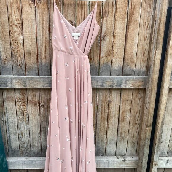 Jenny Yoo Floor-Length Wrap Dress in Dusty Pink with Dainty Floral Print - Picture 6 of 6